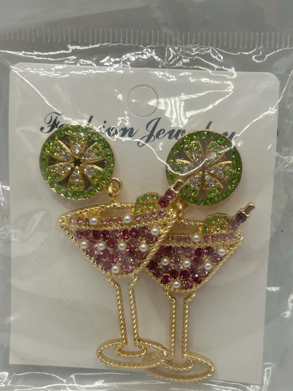 🆕 Fashion Jewelry Gold-Tone Martini Drop Earrings with Green and Pink Crystals